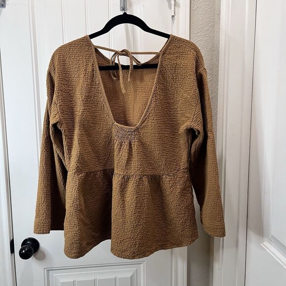 Madewell Shirt Tan Lightspun Peplum Open Tie Back Top Women Size S Oversize Boxy - Picture 8 of 11